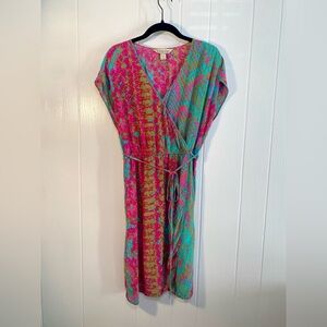 Presley Skye Silk Faux Wrap Tulip Hem Dress Women's Pink Teal Cap Sleeve PL